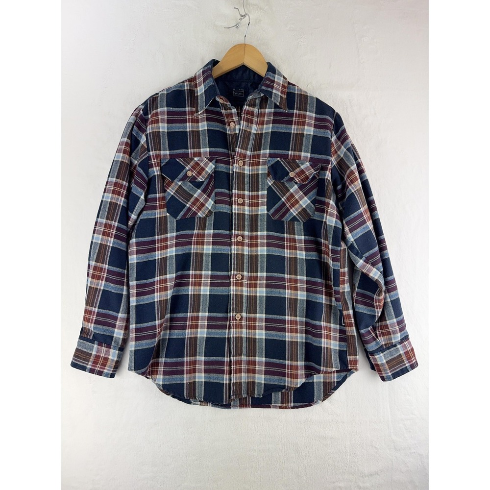 Sears Shirt Mens Medium Blue Plaid Lined Flannel Button Front Long Sleeve Casual